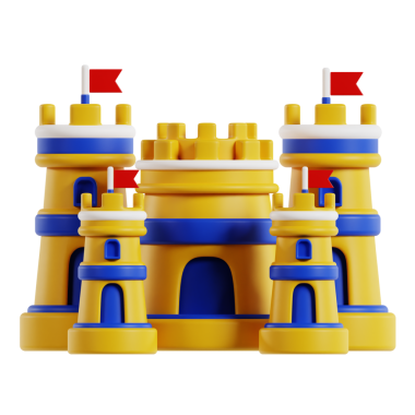 Brightly colored plastic sandcastle for children's play, ideal for educational and recreational activities at the beach or sandbox.