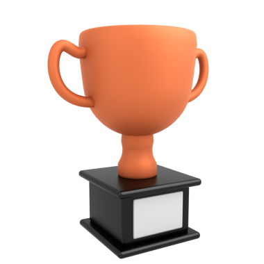 A large orange trophy cup on a black and white pedestal, symbolizing victory and achievement.