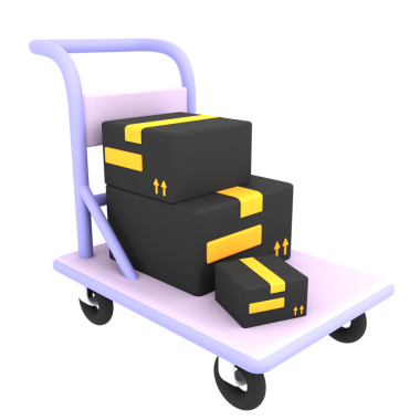 A 3D character representing a delivery box cart, highlighting logistics and transportation in supply chain management.