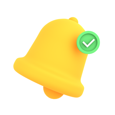 A digital bell icon with a green check mark, suitable for notifications, alerts, and messaging interfaces.