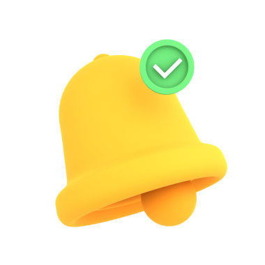 A yellow bell with a green checkmark indicating notification confirmation, suitable for UI alerts or app interfaces.