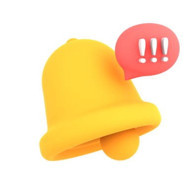 Bright yellow bell with red alert bubble, suitable for web notifications, alerts, and user interface signals.