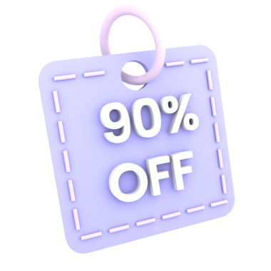 Purple discount tag indicating 90% off, ideal for sales promotions and marketing displays.