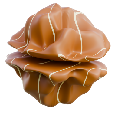 3D Render Close-up of glossy caramel shell with white drizzle, ideal for advertising and confectionery marketing.