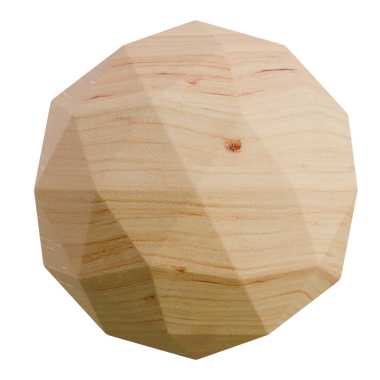 A 3D geometric wooden sphere with faceted surfaces, ideal for design, educational tools, or decorative displays.
