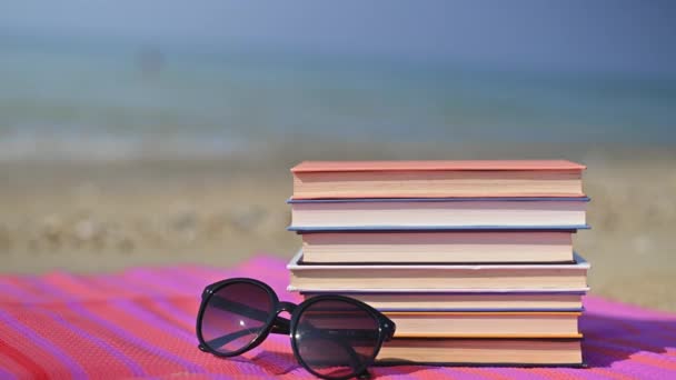 Beachside Reading Paradise Renkli Kitaplar Güneş Gözlükleri — Stok video