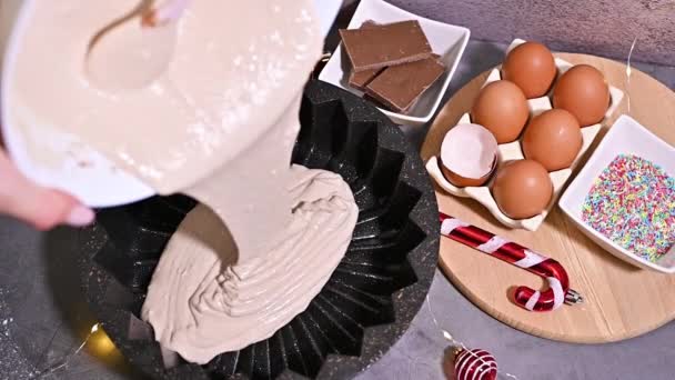 Verser Parfaite Pâte Gâteau Noël Dans Casserole Mouvement Lent — Video