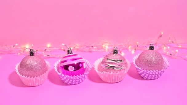 Cupcake Charms Sparkling Pastel Pink Glitter Ornaments Adorning Sweet Baskets — Stock Video