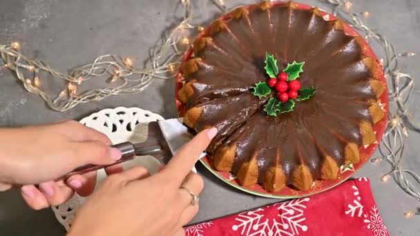 Επένδυση Μέχρι Ένα Θεϊκό Κομμάτι Delicious Chocolate Χριστουγεννιάτικο Κέικ — Αρχείο Βίντεο