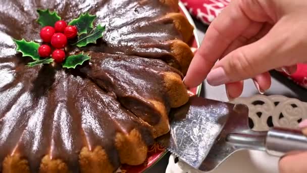 Plating Heavenly Piece Delicious Chocolate Christmas Cake — Stock Video