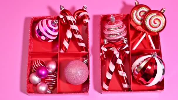 Neatly Ordered Christmas Ornaments Ready Holiday Decor — Stok Video