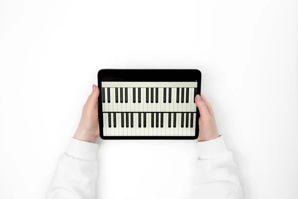 Digital Tablet Piano Keys Female Hands White Background Top View — Stock Photo, Image