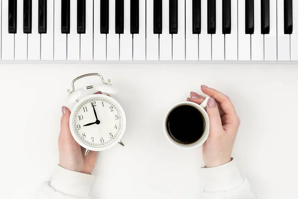 Cup Coffee Alarm Clock Female Hands Synthesizer White Background Concept — Stock Photo, Image