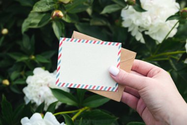 Boş bir tebrik kartı ve bahçede bir kadının el işi zarfı yeşillikler arasında beyaz şakayık çalılarının arka planına karşı, metin için bir yeri olan şenlikli bir arka plan..