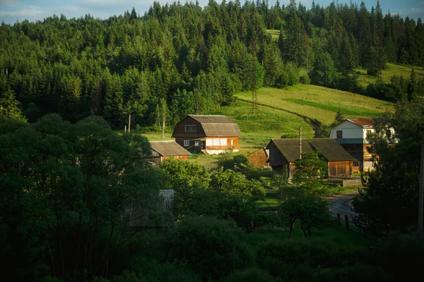 Casas Tradicionais Madeira Contra Pano Fundo Uma Paisagem Montanhosa Cárpatos — Fotografia de Stock