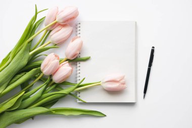 Açık pembe laleler çiçek buketi ve beyaz arka planda boş bir defter. Kadın masaüstü, bahar tatili afişi. Mutlu Paskalyalar, Anneler Günü. Düz konum, üst görünüm, kopyalama alanı.