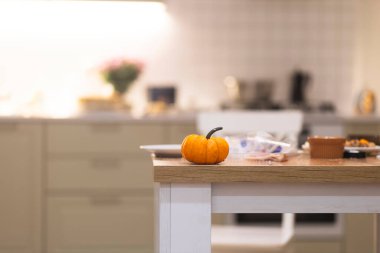 Mutfak masasında arka planı bulanık küçük turuncu balkabağı. Sıcak ev atmosferi, sonbahar ya da Şükran Günü konsepti. Boşluğu kopyala.