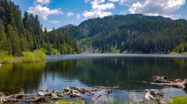 Lake and the forest mountain landscape of nature with the reflection of the trees and clouds