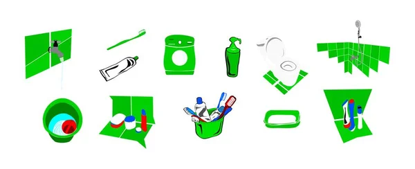 Yeşil Banyo Seti Çamaşır Makinesi Diş Fırçası Sabun Diş Macunu — Stok fotoğraf