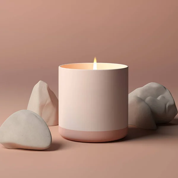 3 d render of white candle with a pink rose. minimal concept.