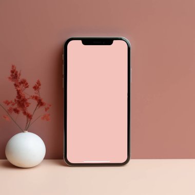 Pembe arka planda pembe ekranlı model cep telefonu. 3d illüstrasyon