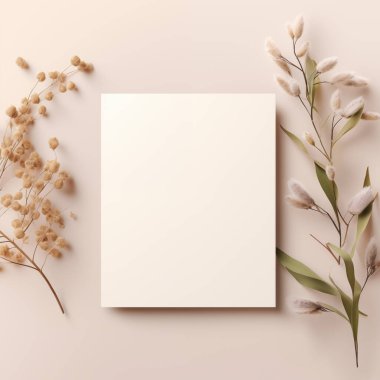 Bej arka planda güzel beyaz çiçekli boş kart, düz, üst görünüm