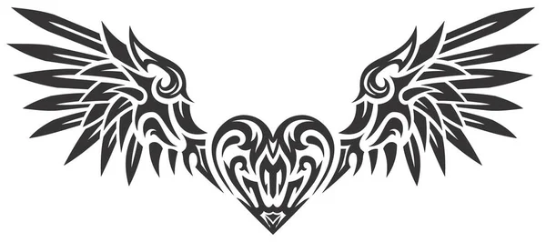 タトゥーアート 芸術スタイル シンボルとサイン ステッカーなどのための部族の入れ墨翼の心 — ストックベクタ