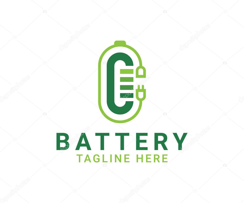 Battery charger logo icon vector template design with plug, cable and battery concept. Portable battery electric fast charger company logo.