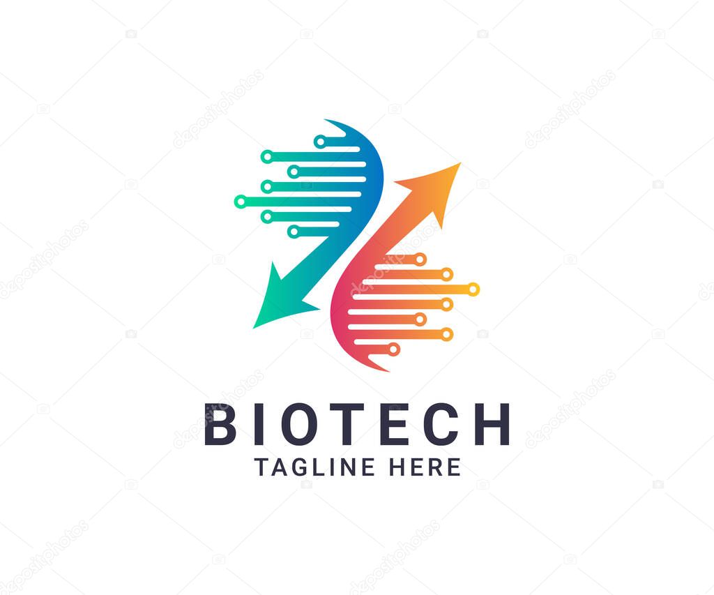 Biotech development logo icon vector template design for healthcare and medical services. Genetics and dna helix symbol with arrow growth icon for biotechnology development logo.