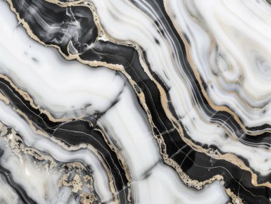 Bu çarpıcı görüntü mermerin zamansız güzelliğini yakalar, parlak monokrom dalgaları altın damarların doğal zenginliğiyle zıtlaşır..