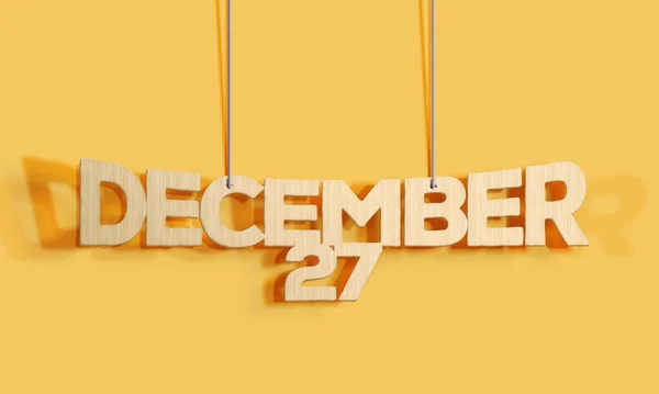 黄色の背景に12月27日の3D木製の装飾的なレタリングハンギングシェイプカレンダーホームインテリアとコピースペース 選択的焦点 3Dイラスト — ストック写真