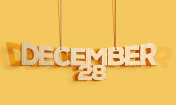 黄色の背景に12月28日の3D木製の装飾的なレタリングハンギングシェイプカレンダーホームインテリアとコピースペース 選択的焦点 3Dイラスト — ストック写真