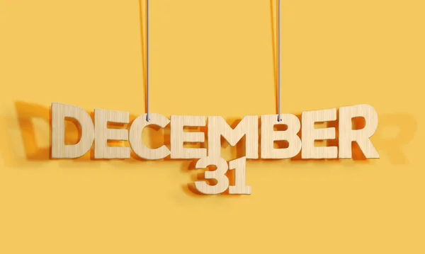 黄色の背景に12月31日の3D木製の装飾的なレタリングハンギングシェイプカレンダーホームインテリアとコピースペース 選択的焦点 3Dイラスト — ストック写真