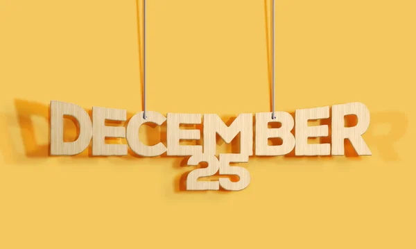 黄色の背景に12月25日の3D木製の装飾的なレタリングハンギングシェイプカレンダーホームインテリアとコピースペース 選択的焦点 3Dイラスト — ストック写真