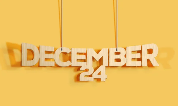 黄色の背景に12月24日の3D木製の装飾的なレタリングハンギングシェイプカレンダーホームインテリアとコピースペース 選択的焦点 3Dイラスト — ストック写真