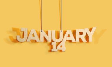 3D Wood decorative lettering hanging shape calendar for January 14 on a yellow background Home Interior and copy-space. Selective focus,3D illustration clipart