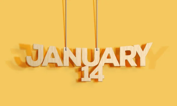 3D Wood decorative lettering hanging shape calendar for January 14 on a yellow background Home Interior and copy-space. Selective focus,3D illustration