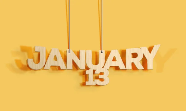 3D Wood decorative lettering hanging shape calendar for January 13 on a yellow background Home Interior and copy-space. Selective focus,3D illustration