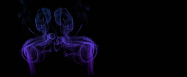 Swirling neon blue multicolored smoke puff cloud design element isolated on black background