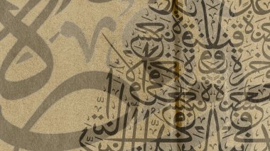Kahverengi arka planı ve birbirine karışmış eski kağıtları olan bir duvarda Arapça bir duvar kağıdı. Arapça harfleri çevir.