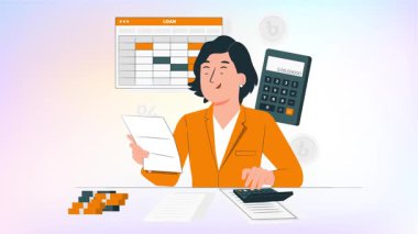 Matematik denklemlerini hesap makinesiyle hesaplayan öğrenci bir kızın canlandırma sahnesi. Eğitim videoları, dersler veya öğrenme materyalleri için ideal.