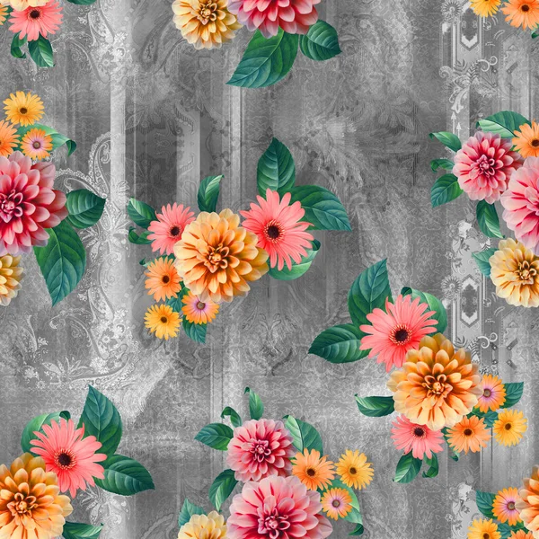 デジタルフラワーパターン テキスタイルパターンデザイン 抽象的な花の水彩イラスト シームレスパターン テキスタイルデジタルプリントデザイン — ストック写真