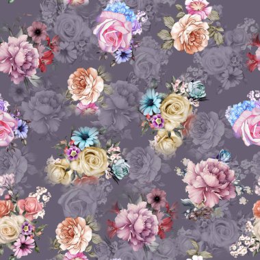 Dijital çiçek deseni, tekstil deseni tasarımı, soyut çiçeklerin suluboya çizimi, dikişsiz desen, tekstil dijital baskı tasarımı
