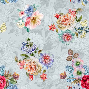 Dijital çiçek deseni, tekstil deseni tasarımı, soyut çiçeklerin suluboya çizimi, dikişsiz desen, tekstil dijital baskı tasarımı