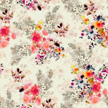 Kusursuz çiçek deseni, Vintage Dijital Çiçek Suluboya Arkaplanı, Suluboya illüstrasyon, Tekstil Dijital Çiçek Deseni Siyah Arkaplan