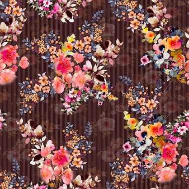 Kusursuz çiçek deseni, Vintage Dijital Çiçek Suluboya Arkaplanı, Suluboya illüstrasyon, Tekstil Dijital Çiçek Deseni Siyah Arkaplan