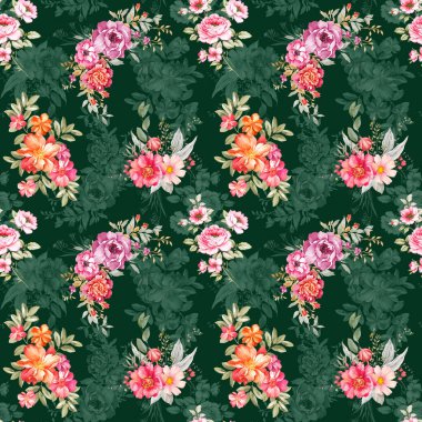 Kusursuz çiçek deseni, Vintage Dijital Çiçek Suluboya Arkaplanı, Suluboya illüstrasyon, Tekstil Dijital Çiçek Deseni Siyah Arkaplan