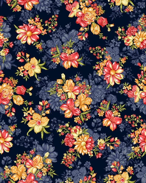 无缝花图案 复古数码花卉水彩画背景 水彩画 纺织品数码花卉图案黑色背景 — 图库照片