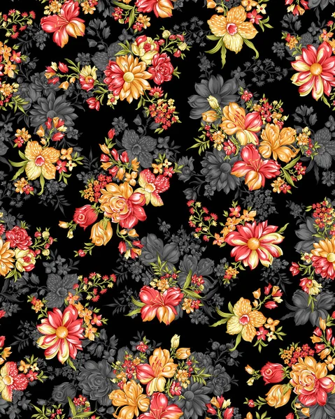 シームレスな花パターン ヴィンテージデジタルフラワー水彩背景 水彩イラスト テキスタイルデジタルフラワーパターンブラック背景 — ストック写真