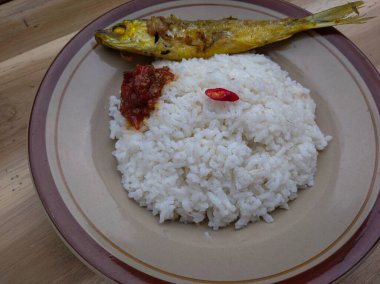 Beyaz pirinç. Lezzetli sütçü balığı ve domates sosu.